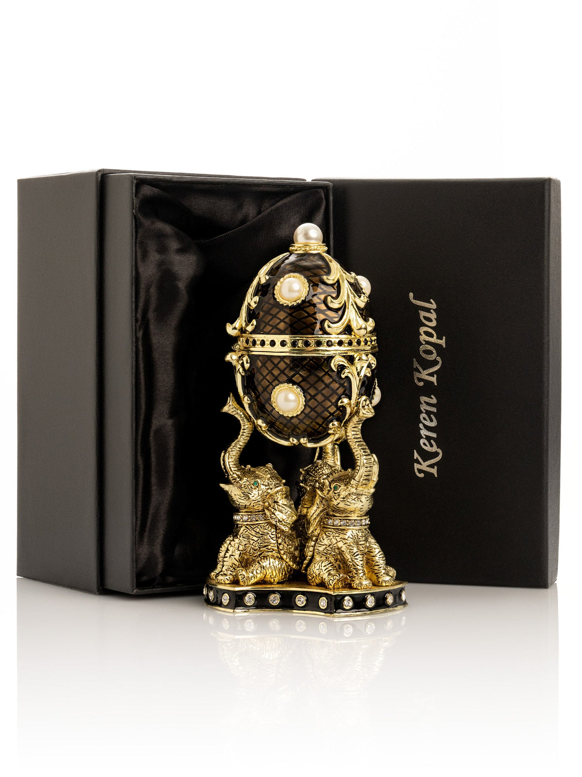 Regal Brown and Gold Enamel Egg with Elephant Pedestal