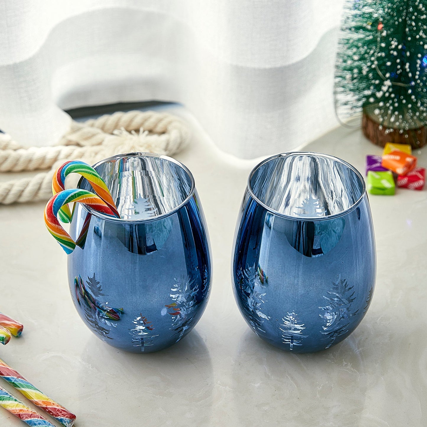 Crystal Christmas Tree Stemless Wine Water Glasses Set Of 2 Holiday Themed Vibrant Blue Etched Winte