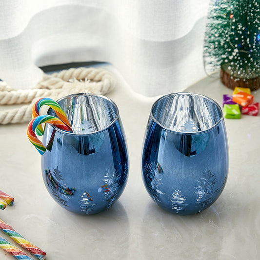 Crystal Christmas Tree Stemless Wine Water Glasses Set Of 2 Holiday Themed Vibrant Blue Etched Winte