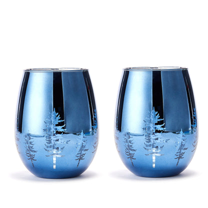 Crystal Christmas Tree Stemless Wine Water Glasses Set Of 2 Holiday Themed Vibrant Blue Etched Winte