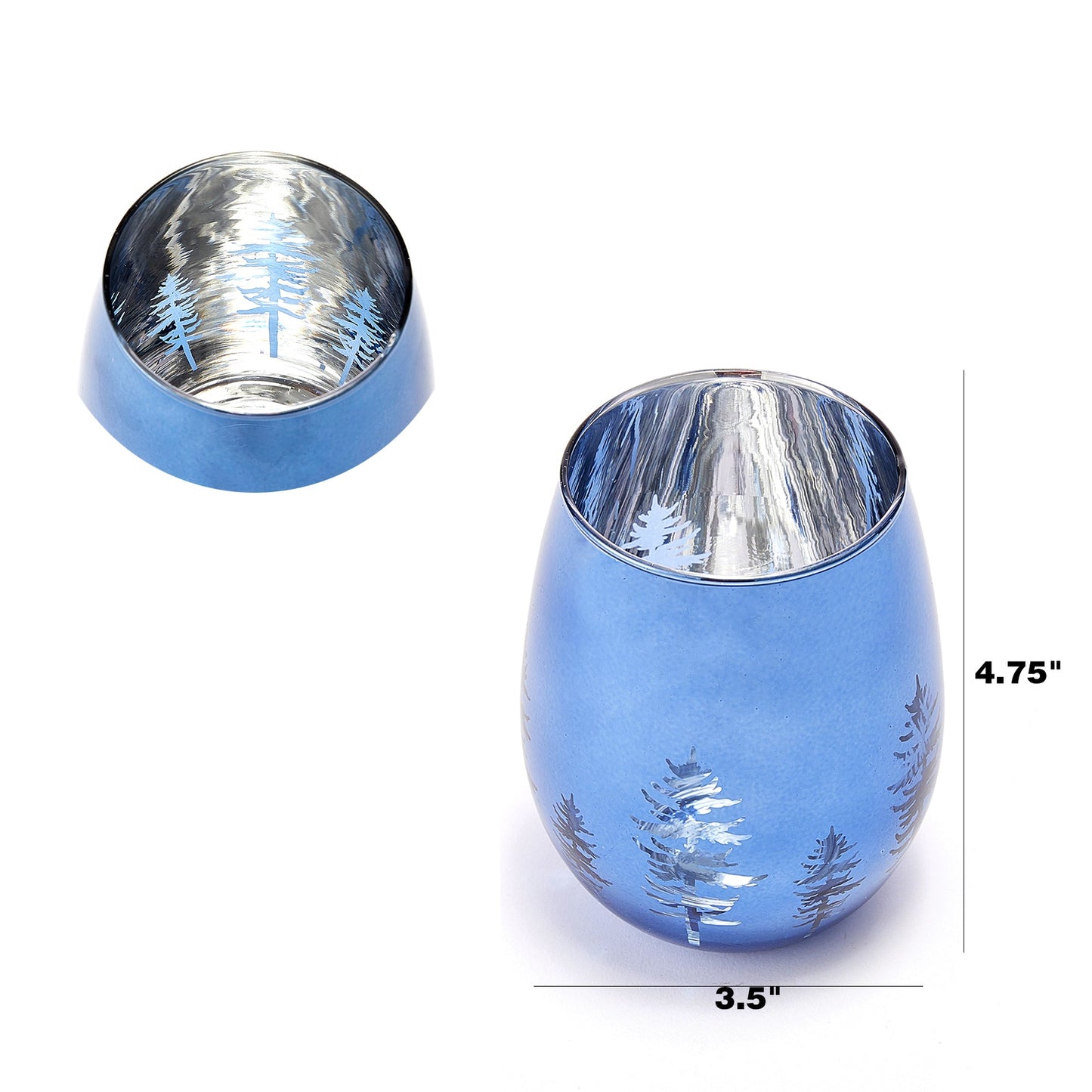 Crystal Christmas Tree Stemless Wine Water Glasses Set Of 2 Holiday Themed Vibrant Blue Etched Winte