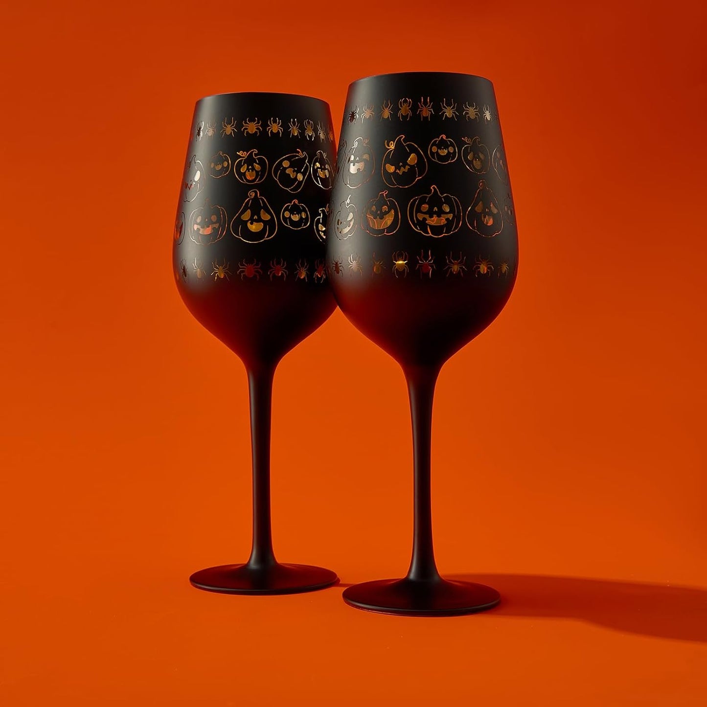 Crystal Halloween Stemmed Wine Glasses Set Of 2 Themed Vibrant Black Gold Etched Spooky Ghost Patter
