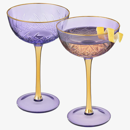 Vintage Purple Art Deco Coupe for Champagne, Martini, Cocktails| Set of 2 | 7 oz