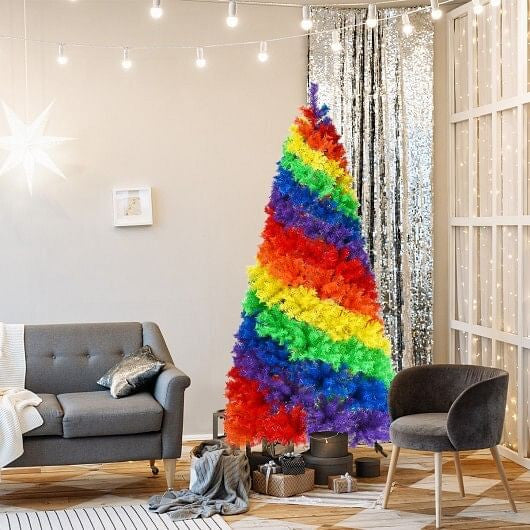 7 Feet Artificial Hinged Traditional Rainbow Christmas Tree with Metal Stand