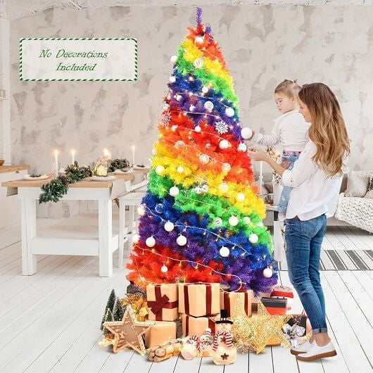 7 Feet Artificial Hinged Traditional Rainbow Christmas Tree with Metal Stand