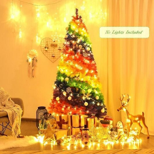 7 Feet Artificial Hinged Traditional Rainbow Christmas Tree with Metal Stand