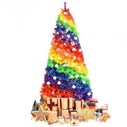 7 Feet Artificial Hinged Traditional Rainbow Christmas Tree with Metal Stand