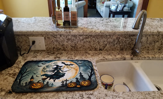 Flying Witch Spooky Halloween Dish Drying Mat