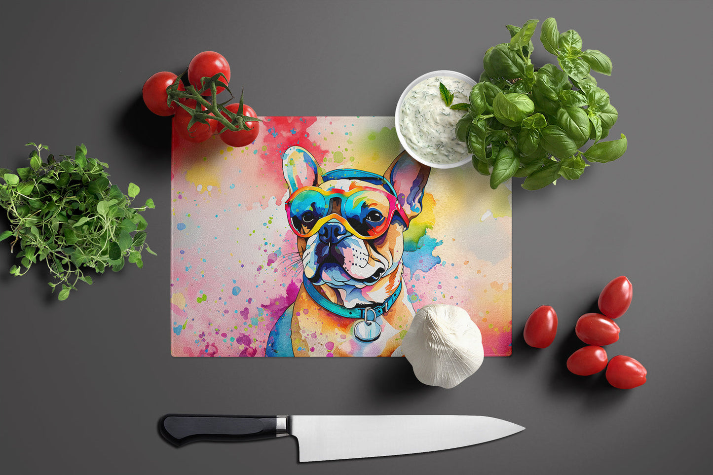 French Bulldog Hippie Dawg Glass Cutting Board