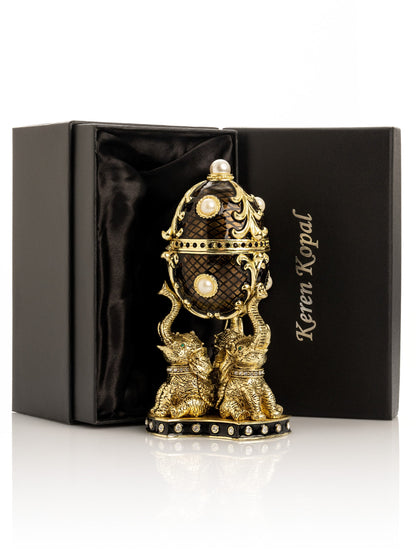 Regal Brown and Gold Enamel Egg with Elephant Pedestal