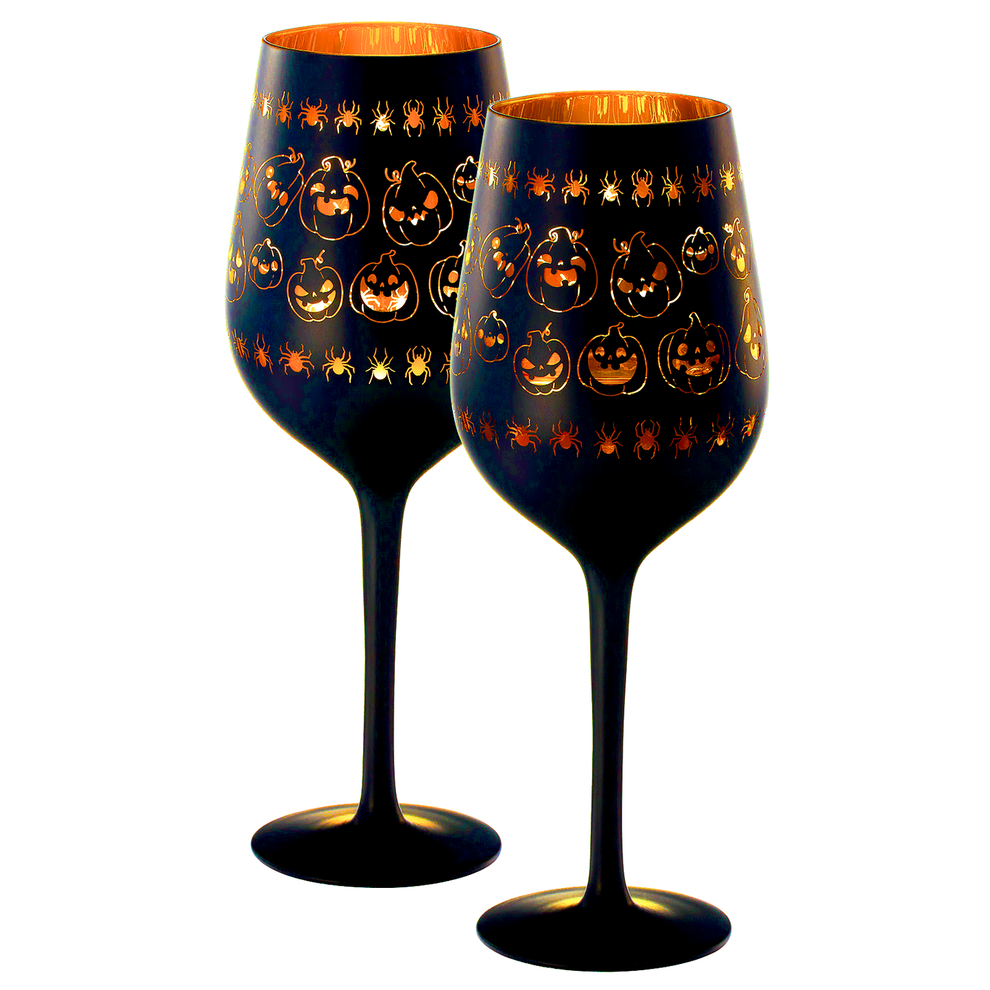 Crystal Halloween Stemmed Wine Glasses Set Of 2 Themed Vibrant Black Gold Etched Spooky Ghost Patter