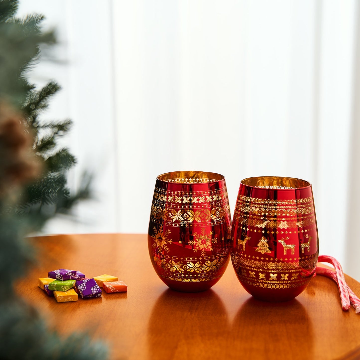 Crystal Christmas Tree Wine Water Glasses Set Of 2 Holiday Themed Red Gold Etched Winter Snow Wonder