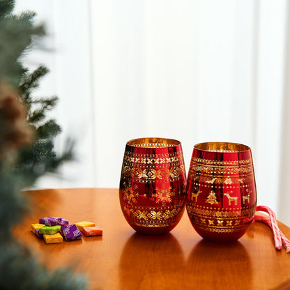 Crystal Christmas Tree Wine Water Glasses Set Of 2 Holiday Themed Red Gold Etched Winter Snow Wonder