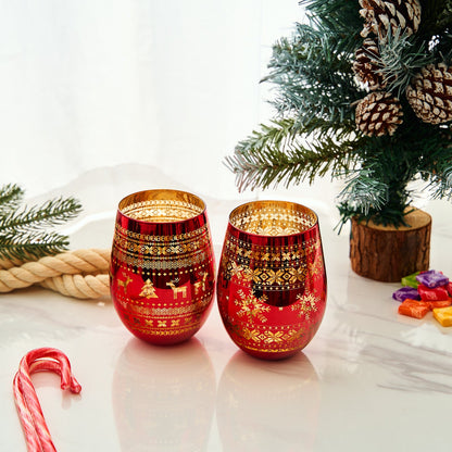 Crystal Christmas Tree Wine Water Glasses Set Of 2 Holiday Themed Red Gold Etched Winter Snow Wonder