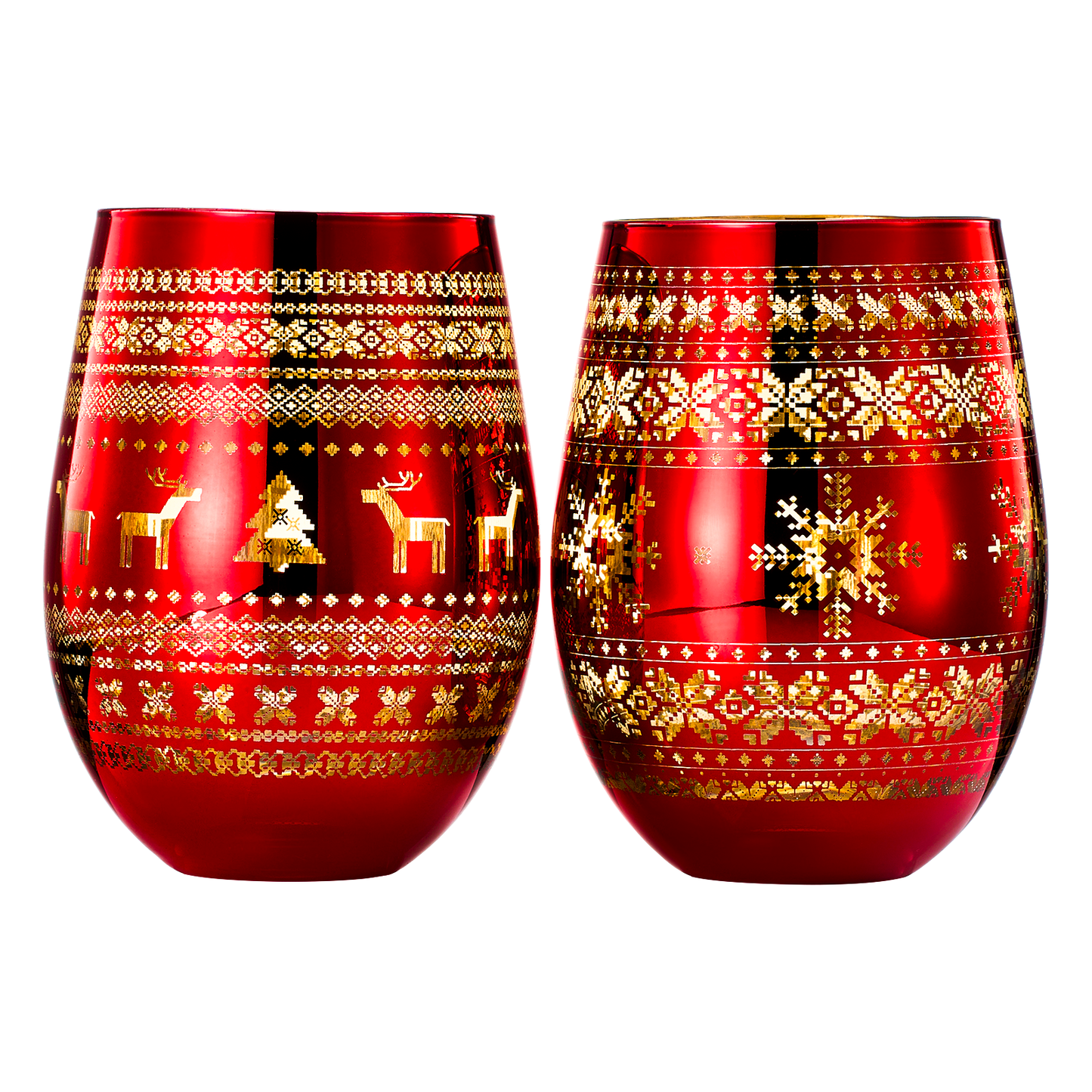 Crystal Christmas Tree Wine Water Glasses Set Of 2 Holiday Themed Red Gold Etched Winter Snow Wonder