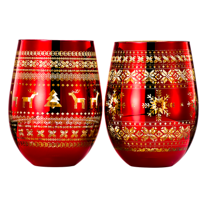 Crystal Christmas Tree Wine Water Glasses Set Of 2 Holiday Themed Red Gold Etched Winter Snow Wonder