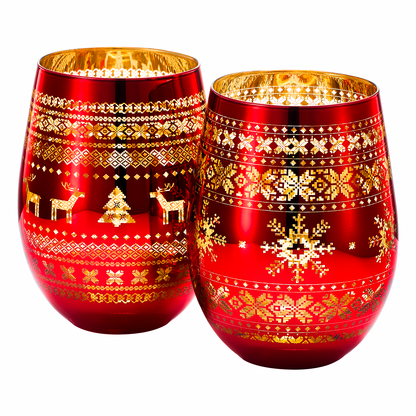 Crystal Christmas Tree Wine Water Glasses Set Of 2 Holiday Themed Red Gold Etched Winter Snow Wonder