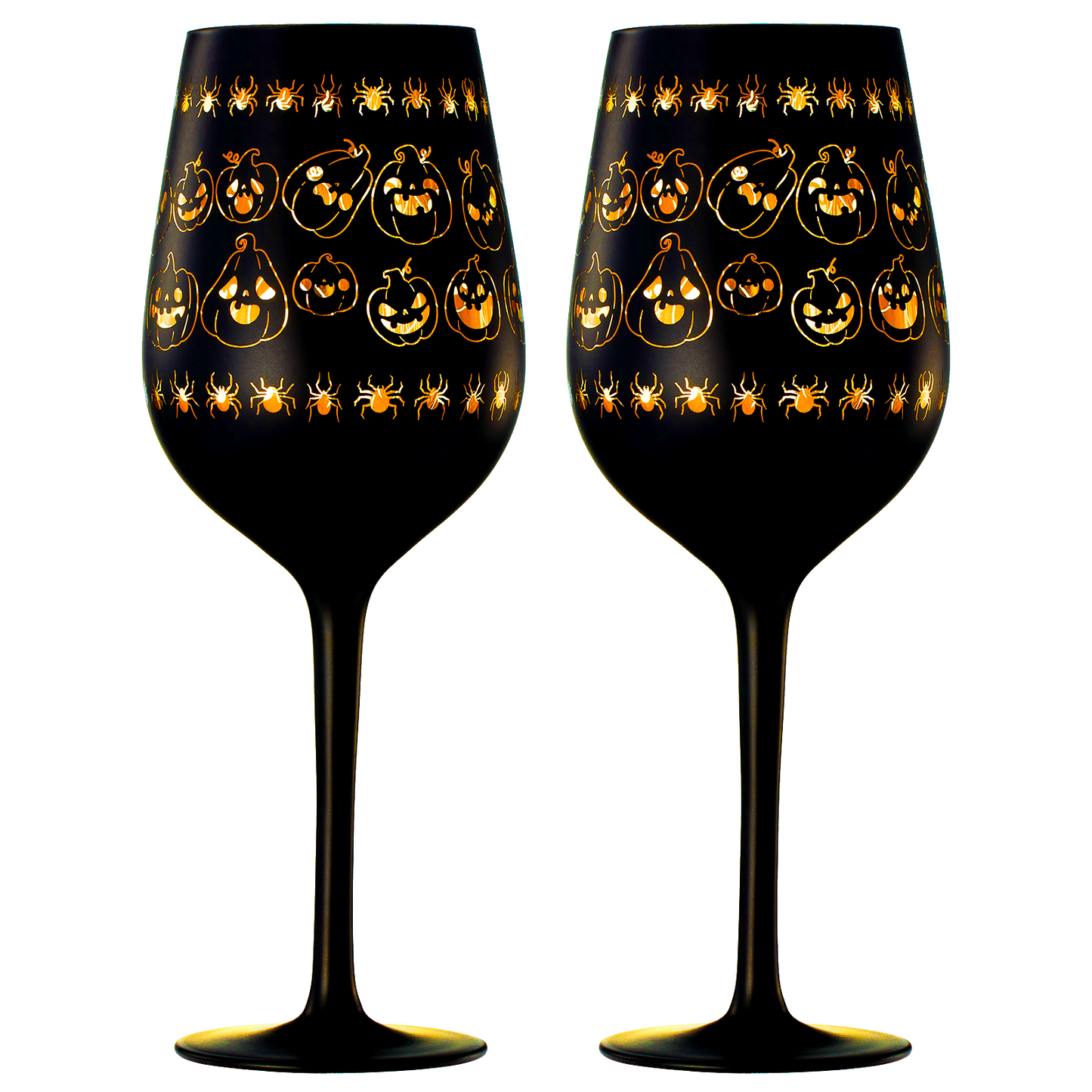 Crystal Halloween Stemmed Wine Glasses Set Of 2 Themed Vibrant Black Gold Etched Spooky Ghost Patter