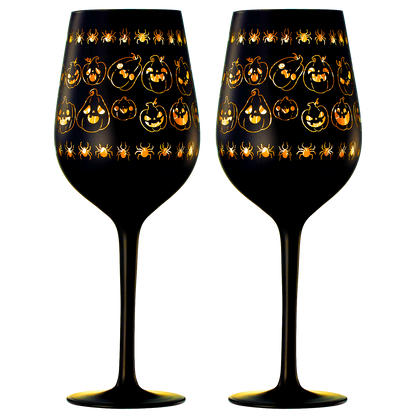 Crystal Halloween Stemmed Wine Glasses Set Of 2 Themed Vibrant Black Gold Etched Spooky Ghost Patter