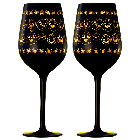 Crystal Halloween Stemmed Wine Glasses Set Of 2 Themed Vibrant Black Gold Etched Spooky Ghost Patter